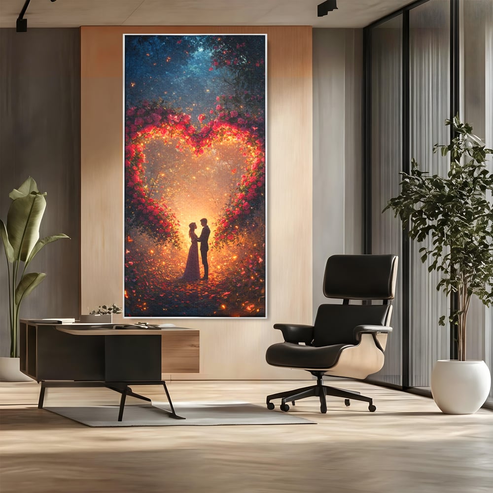 Tablou canvas cu ilustratie digitala cu cuplu si arc de trandafiri, in rama de aluminiu argintiu, pe perete intr-un birou